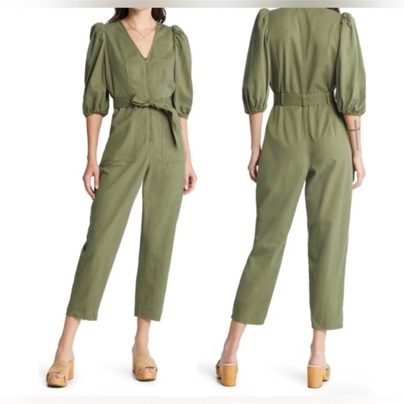 Treasure & Bond Pants - Treasure & Bond Green Zip Front Puff Sleeve Jumpsuit